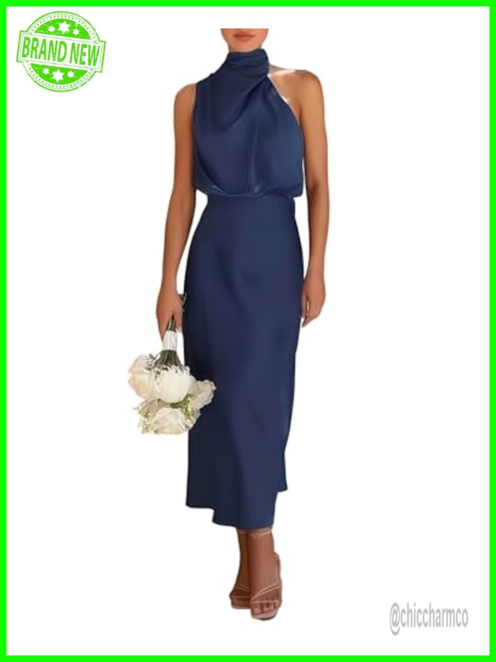 Satin Sleeveless Halter Midi Dress Mock Neck Cocktail Party Formal
